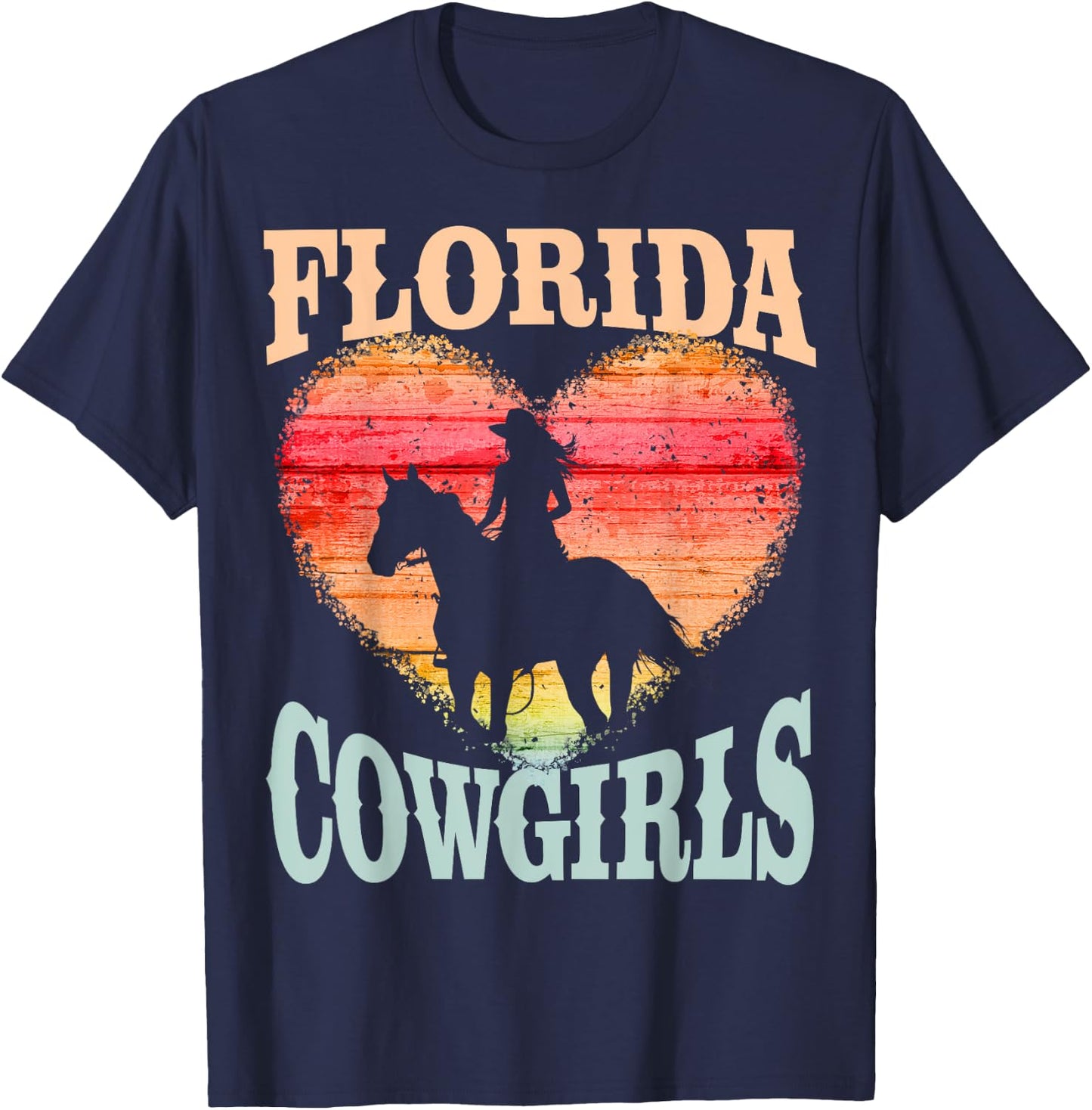 Florida Cowgirls Girl Riding Horse Silhouette Ombre Heart T-Shirt - T-Shirt | Navy