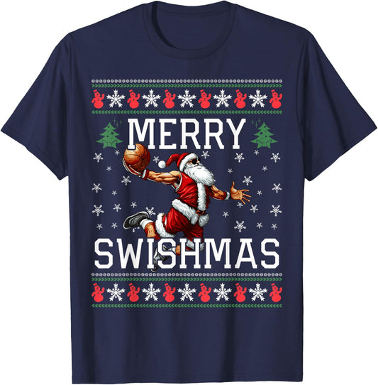 Merry Swishmas Ugly Funny Christmas Basketball Christmas T-Shirt - T-Shirt | Navy