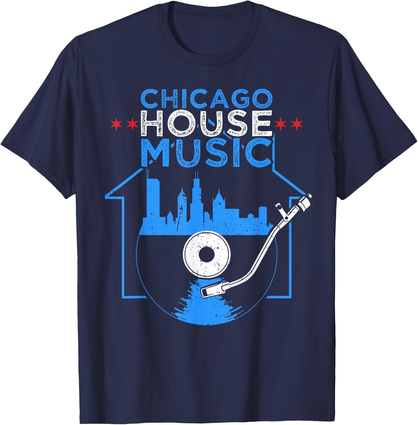 Chicago House Music Vinyl Dj Raver Flag Skyline Apparel T-Shirt - T-Shirt | Navy