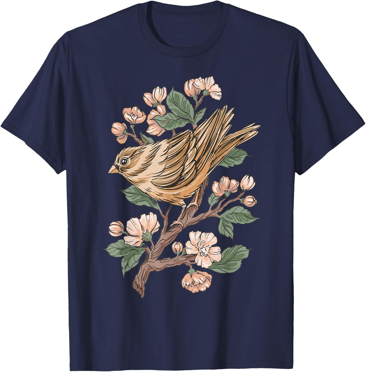 Sparrow Bird and Cherry Blossoms T-Shirt - T-Shirt | Navy