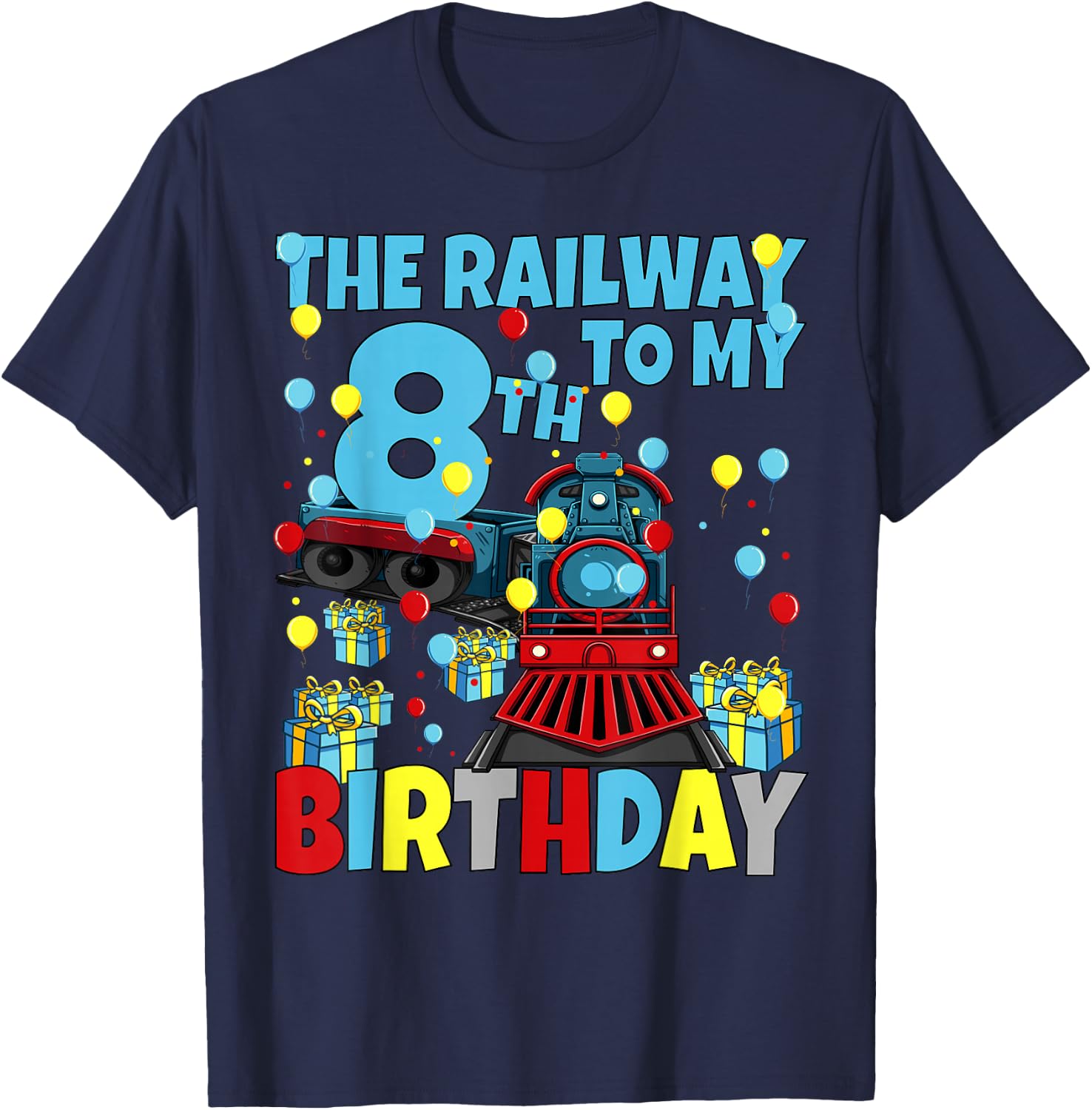 8th Train Birthday Party Railway to My Eighth Birthday Boys T-Shirt - T-Shirt | Navy