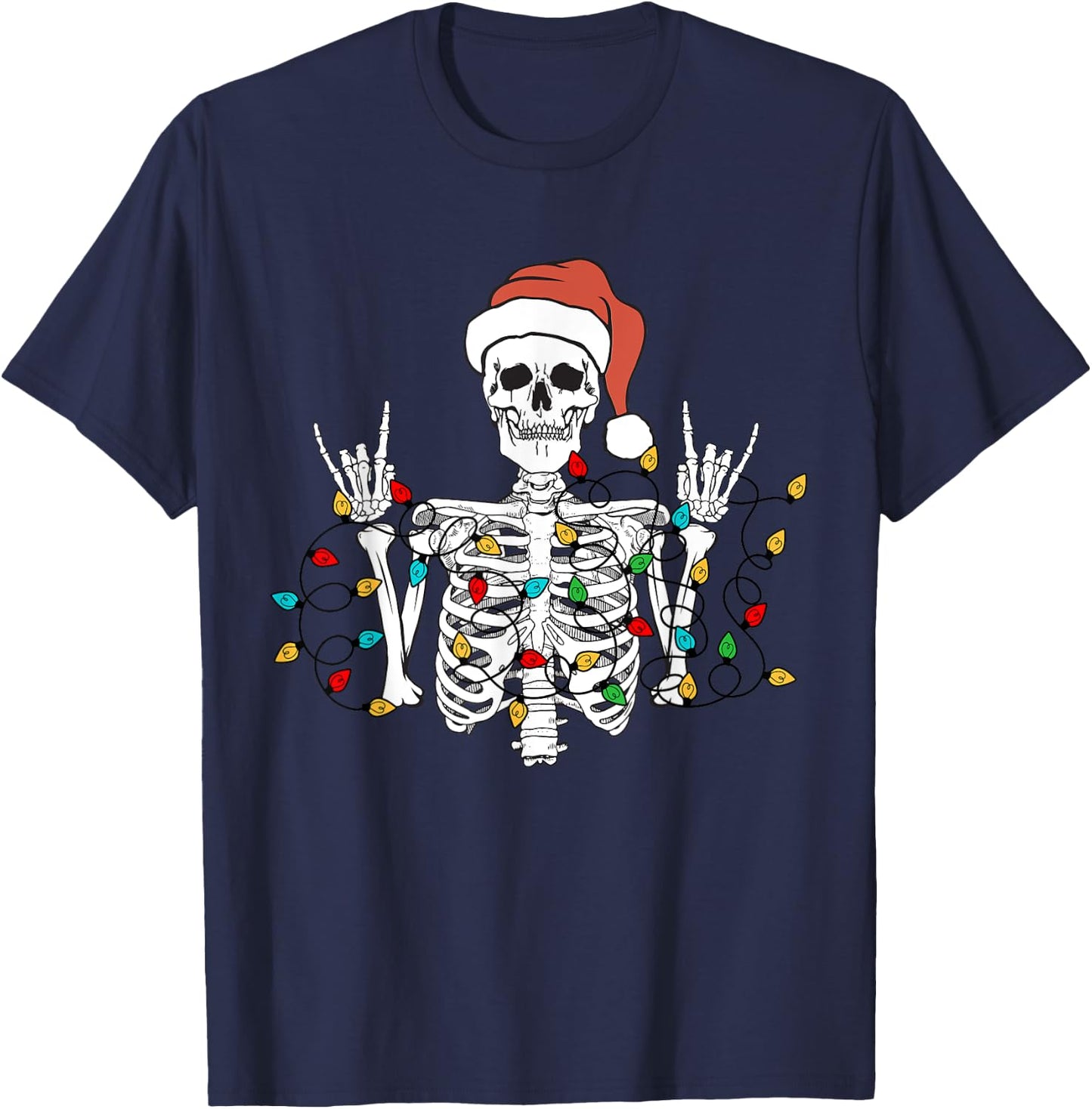 Christmas Skeleton Rocker Wrapped in Xmas Lights Santa Hat T-Shirt - T-Shirt | Navy