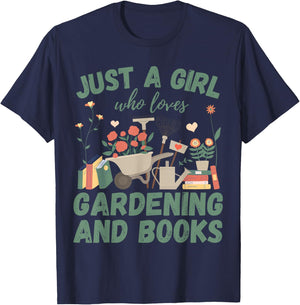 Just A Girl Who Loves Gardening & Books Reading Plants Cute T-Shirt - T-Shirt | Navy