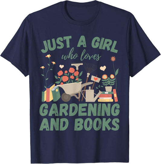 Just A Girl Who Loves Gardening & Books Reading Plants Cute T-Shirt - T-Shirt | Navy
