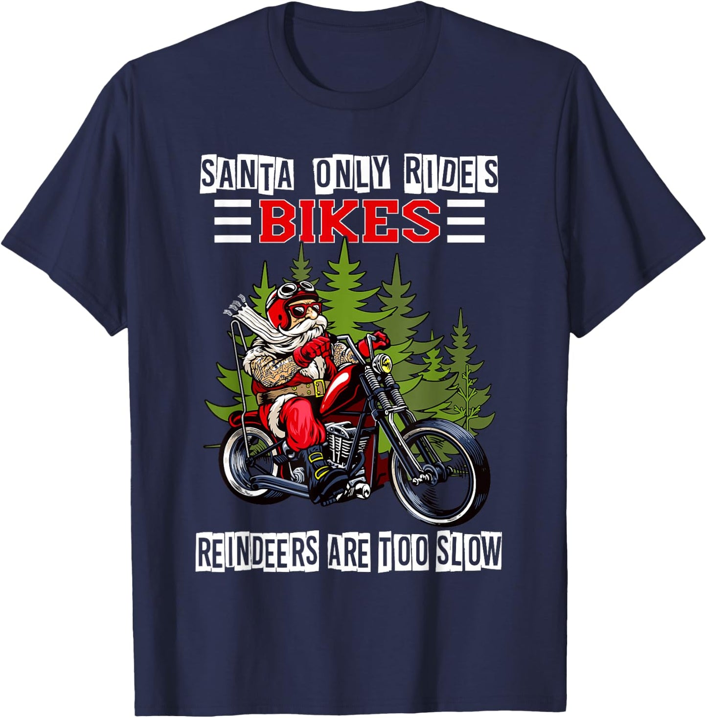 Santa Riding Funny Christmas Santa Motorcycle Biker T-Shirt - T-Shirt | Navy