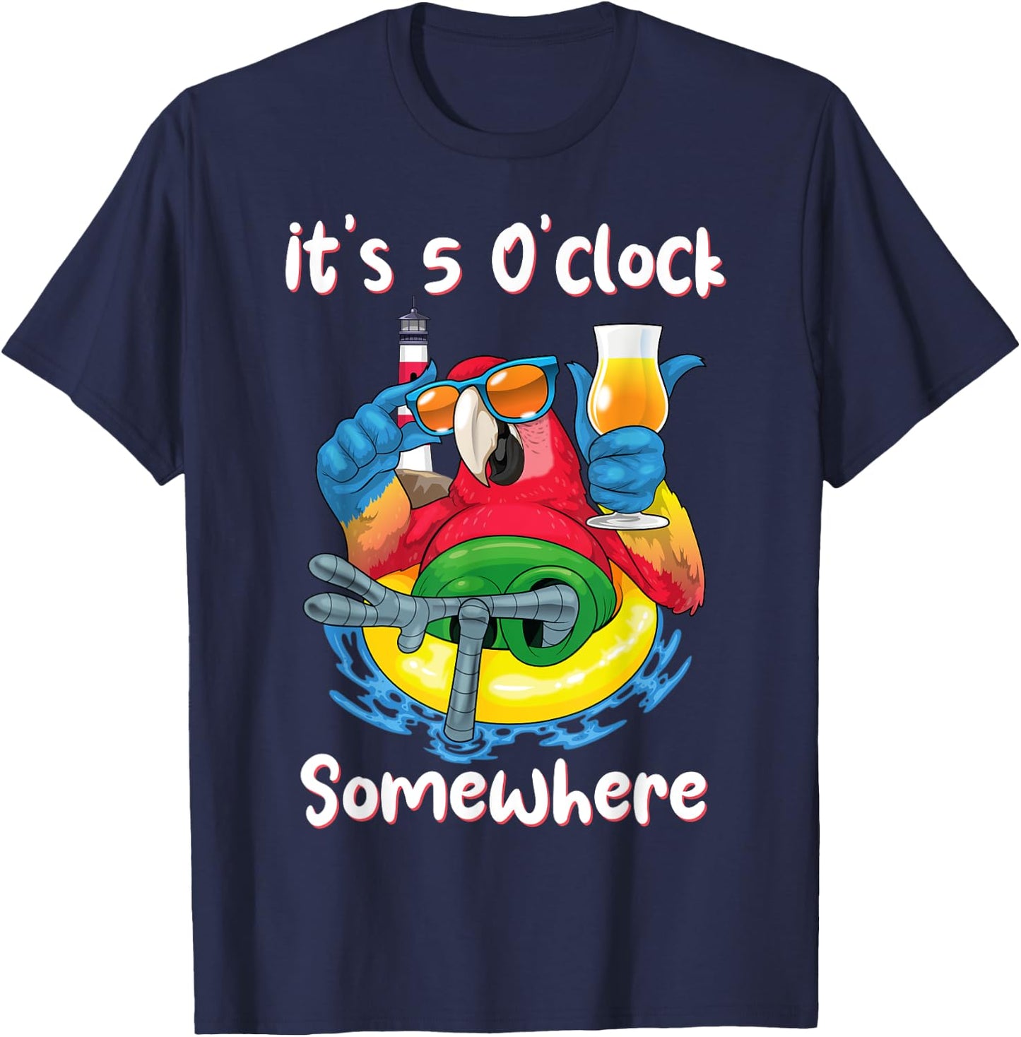 It's 5 O'clock Somewhere Shirt Drinking Parrot Beach Summer T-Shirt - T-Shirt | Navy