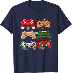 Boys Christmas Shirt Santa Elf Gaming Controllers Gamer Xmas T-Shirt - T-Shirt | Navy