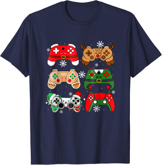Boys Christmas Shirt Santa Elf Gaming Controllers Gamer Xmas T-Shirt - T-Shirt | Navy