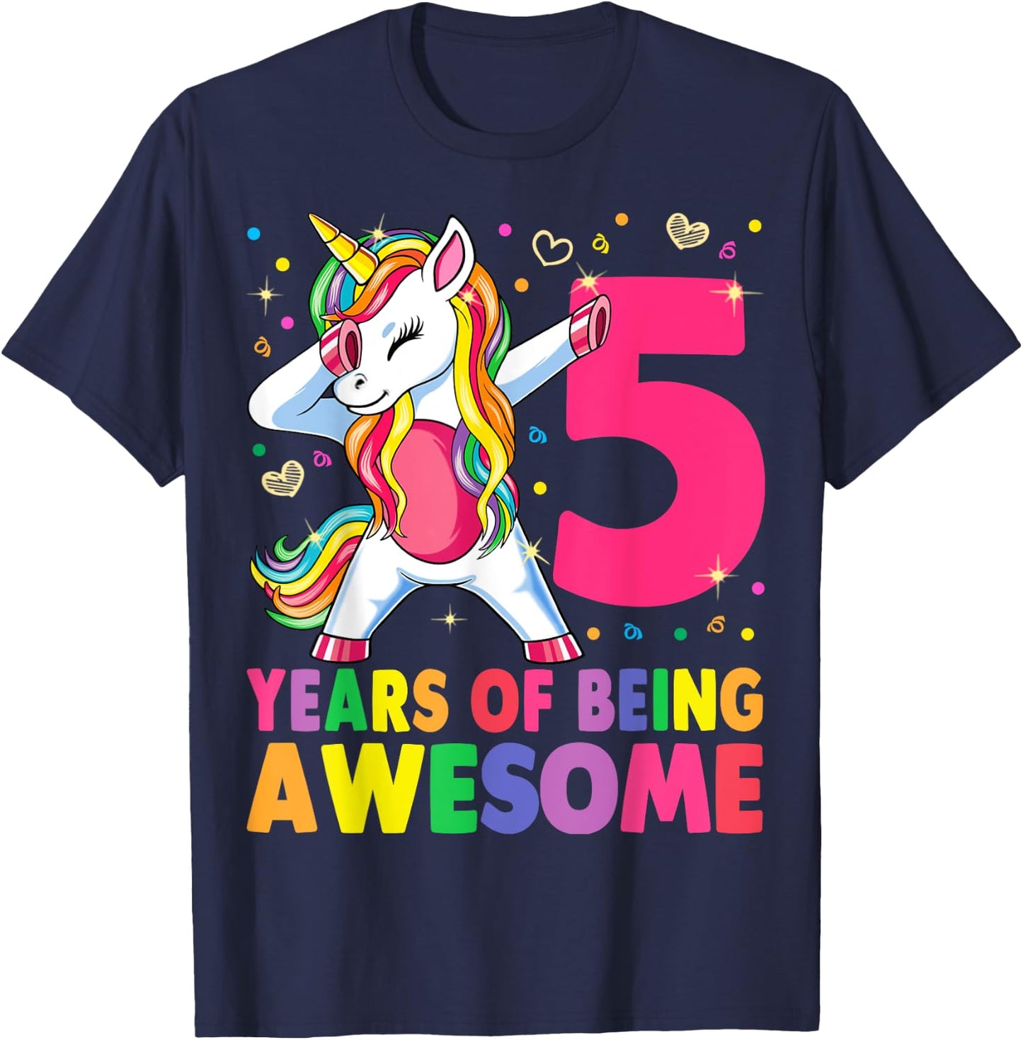 5 Years Old Unicorn Dabbing 5th Birthday Girl Unicorn Party T-Shirt - T-Shirt | Navy