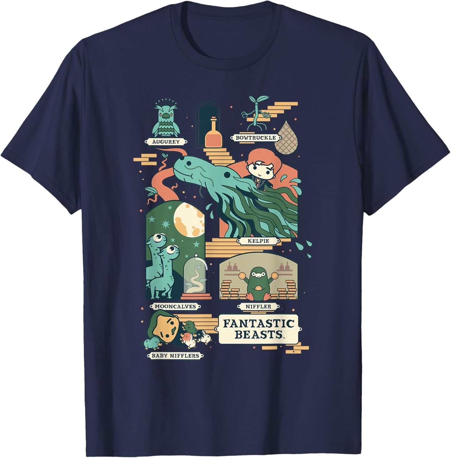 Fantastic Beasts Group Chibi Poster Front And Back T-Shirt - T-Shirt | Navy