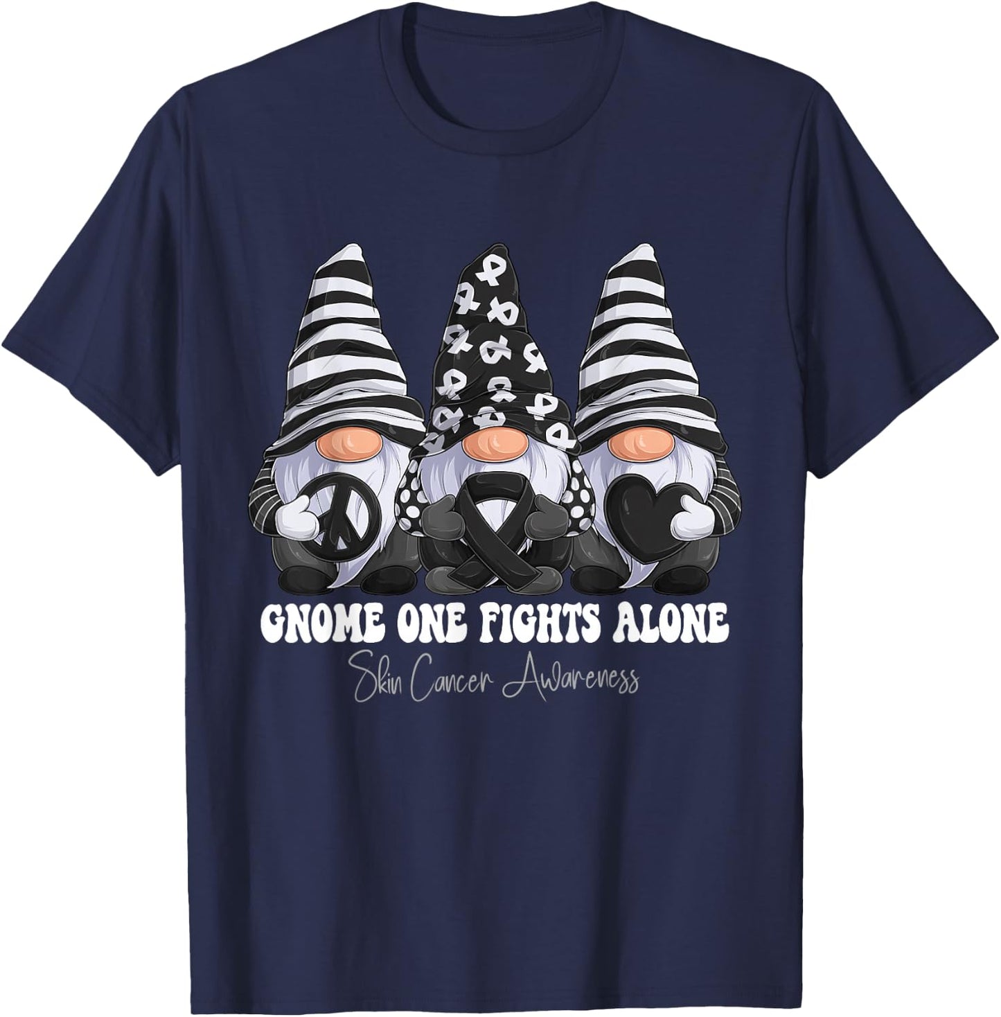 Skin Cancer Awareness Month Black Ribbon Gnomies Support T-Shirt - T-Shirt | Navy
