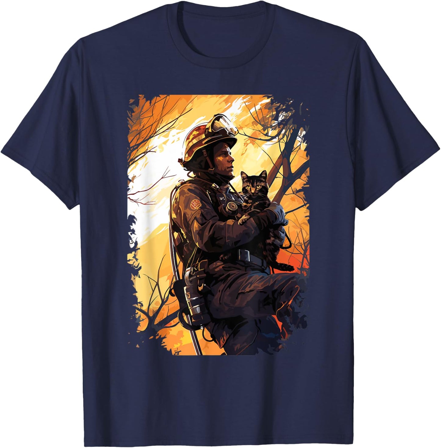 Firefighter Saving A Cat - Firefighter & Fireman T-Shirt - T-Shirt | Navy
