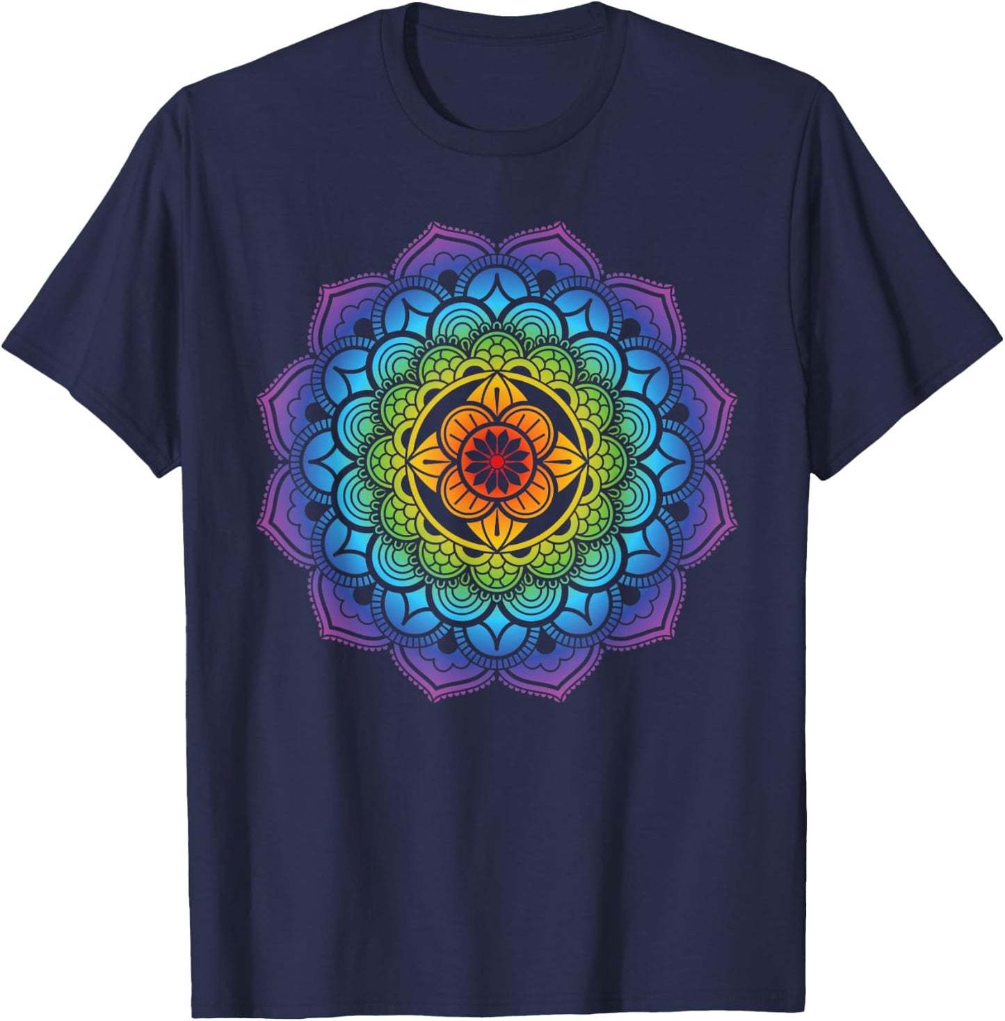 Mandala Buddhism Mindfulness Meditation Yoga Rainbow Boho T-Shirt - T-Shirt | Navy