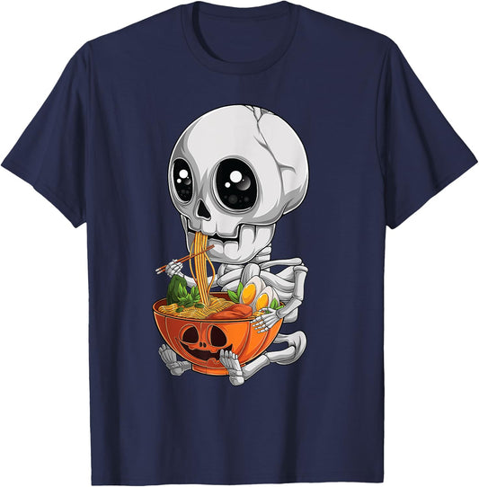 kawaii japanese anime Skeleton Halloween ramen Food Lovers T-Shirt - T-Shirt | Navy