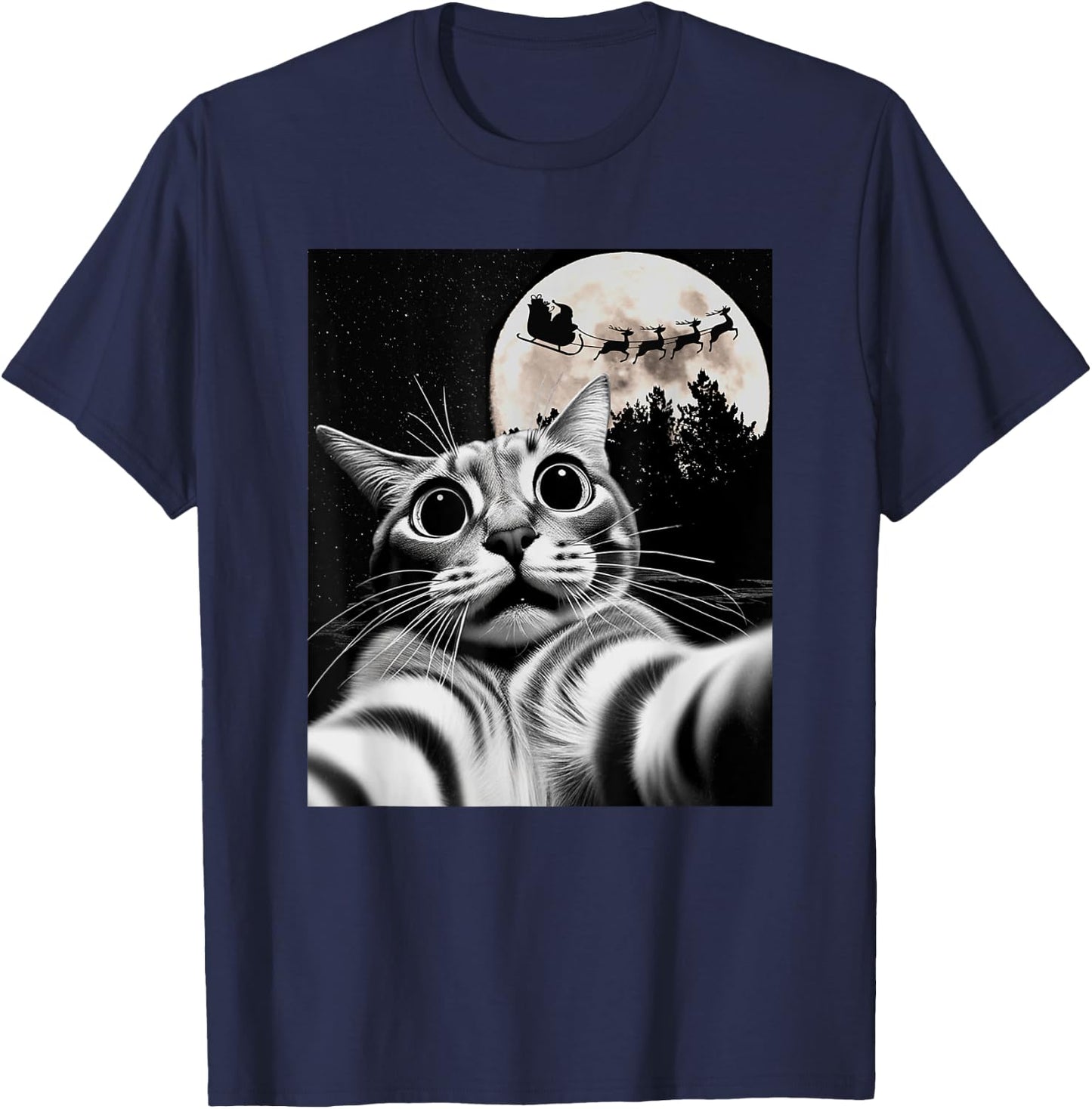 Men Women Kids Christmas Proof Santa is Real Cat Selfie T-Shirt - T-Shirt | Navy