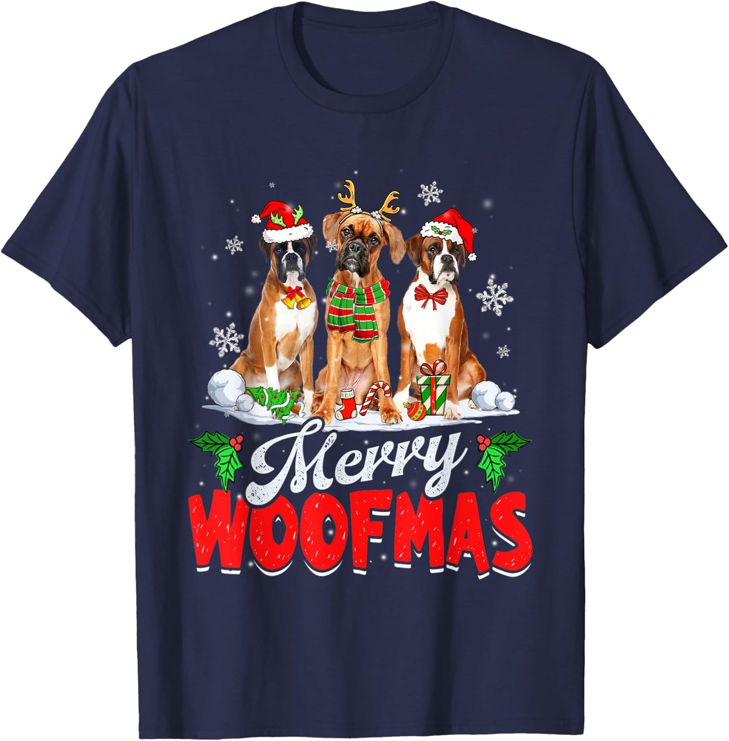 Merry Woofmas Boxer Dog Christmas Dog Lover Xmas T-Shirt - T-Shirt | Navy