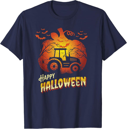 Tractor Silhouette Happy Halloween Farming Farmer Farm T-Shirt - T-Shirt | Navy