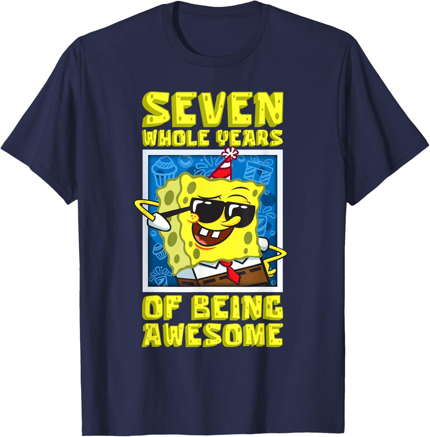 Mademark x SpongeBob SquarePants - SpongeBob Seven Years of Being Awesome Boy 7th Birthday Gift T-Shirt - T-Shirt | Navy