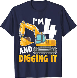 I'm Four 4 Year Old 4th Birthday Boy Excavator Construction T-Shirt - T-Shirt | Navy