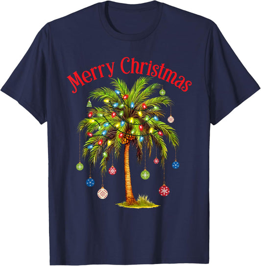 Merry Christmas Palm Tree Light Hawaiian Tropical Christmas T-Shirt - T-Shirt | Navy