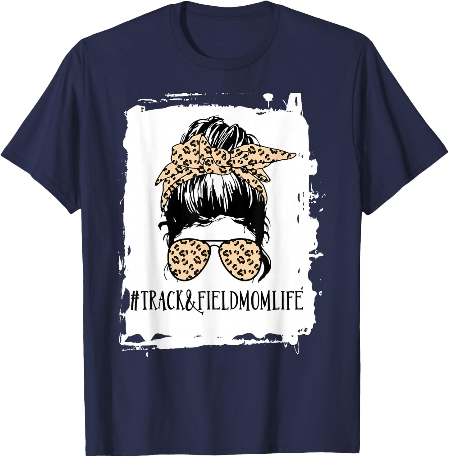 Track and Field Mom Life Messy Bun Leopard T-Shirt - T-Shirt | Navy