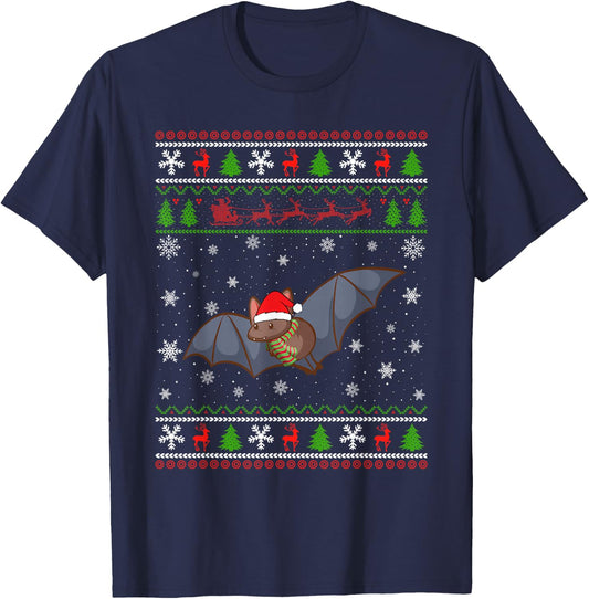 Bat Santa Hat Ugly Christmas Design Xmas Sweater Pajama T-Shirt - T-Shirt | Navy