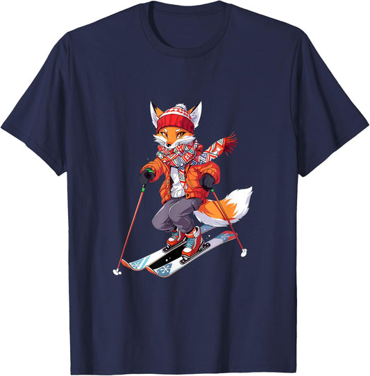 Fox Skiing Skier Ski Winter Snow T-Shirt - T-Shirt | Navy