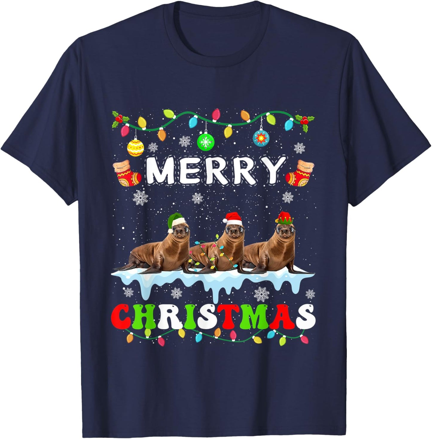 Funny Sea lion Christmas Squad Xmas Women Men Kids T-Shirt - T-Shirt | Navy