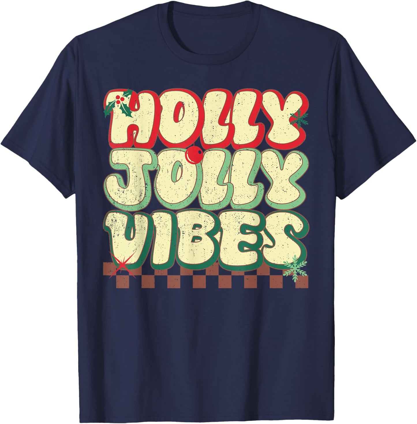 Holly Christmas Jolly Vibes Groovy Retro Xmas T-Shirt - T-Shirt | Navy