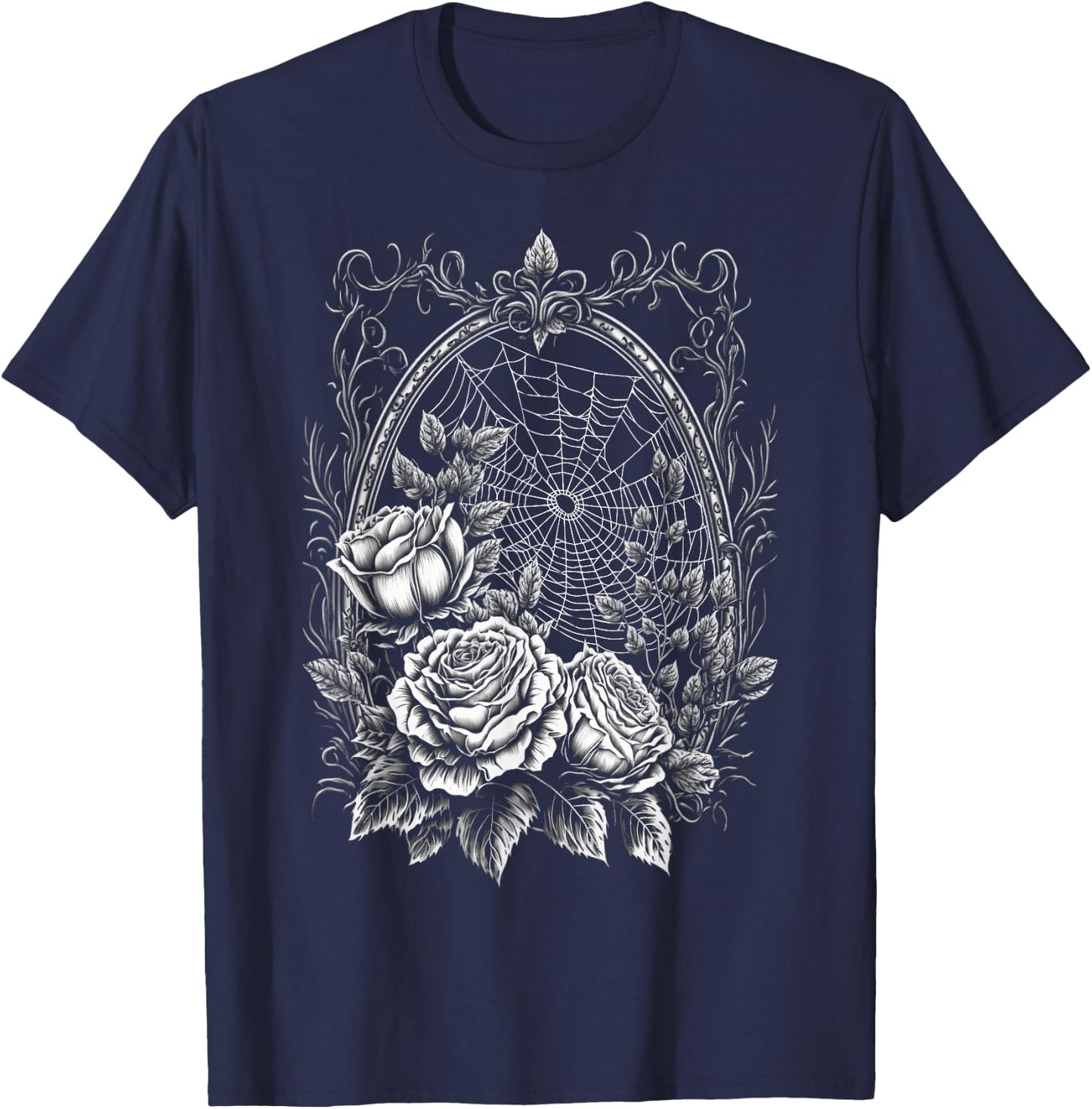 Spider Web With Frame And Roses Halloween Goth Nature Witch T-Shirt - T-Shirt | Navy
