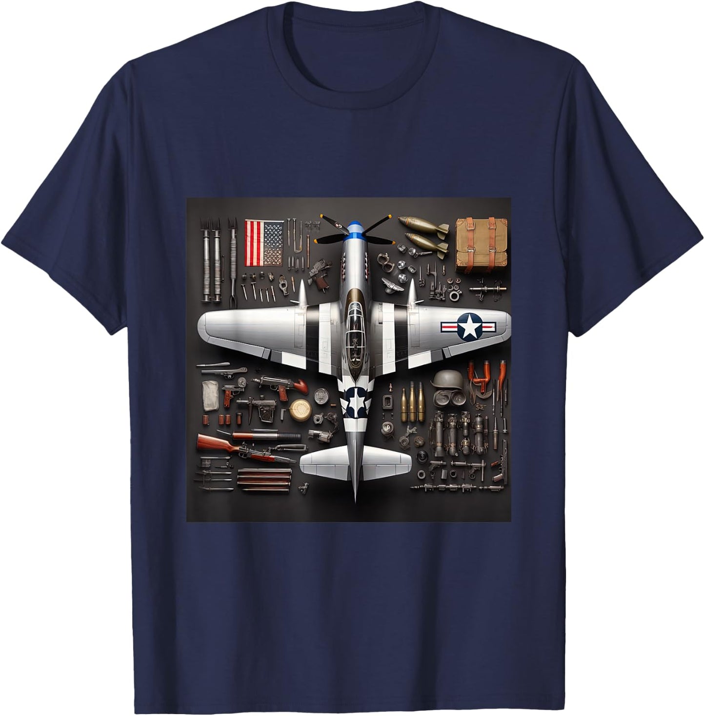 WW2 Warplane P51 Mustang Assembly Parts Blueprint T-Shirt - T-Shirt | Navy