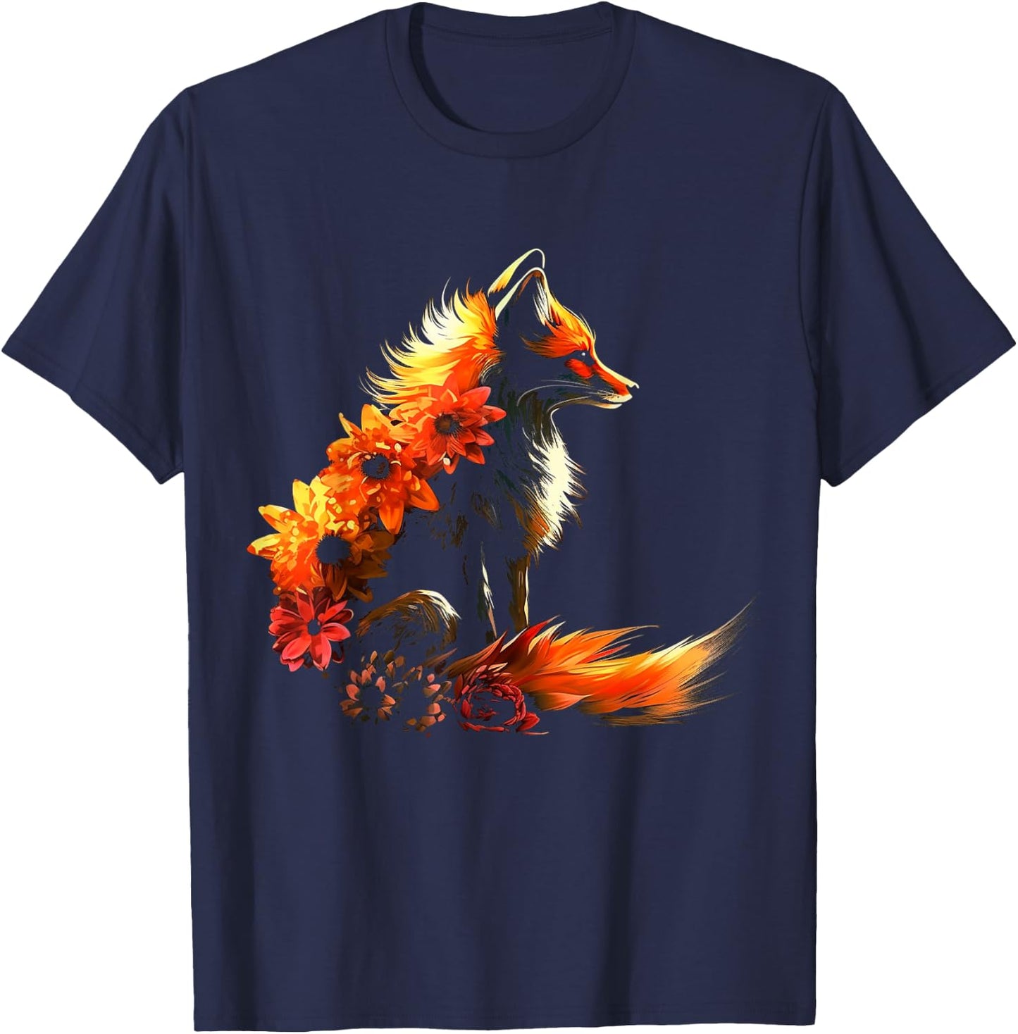 Fox Flowers - Artificial Animal Fox T-Shirt - T-Shirt | Navy