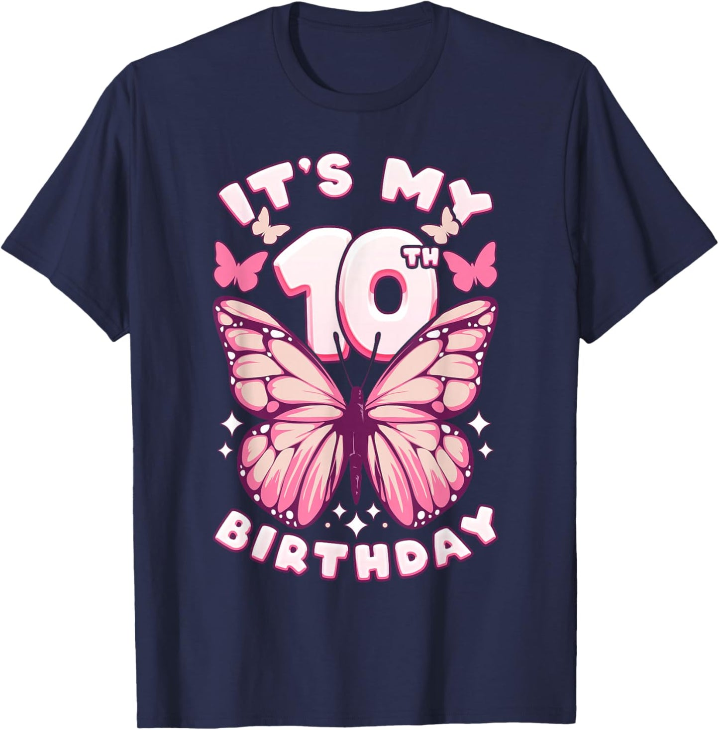 10th Birthday Girl 10 Years Old Butterflies and Number T-Shirt - T-Shirt | Navy