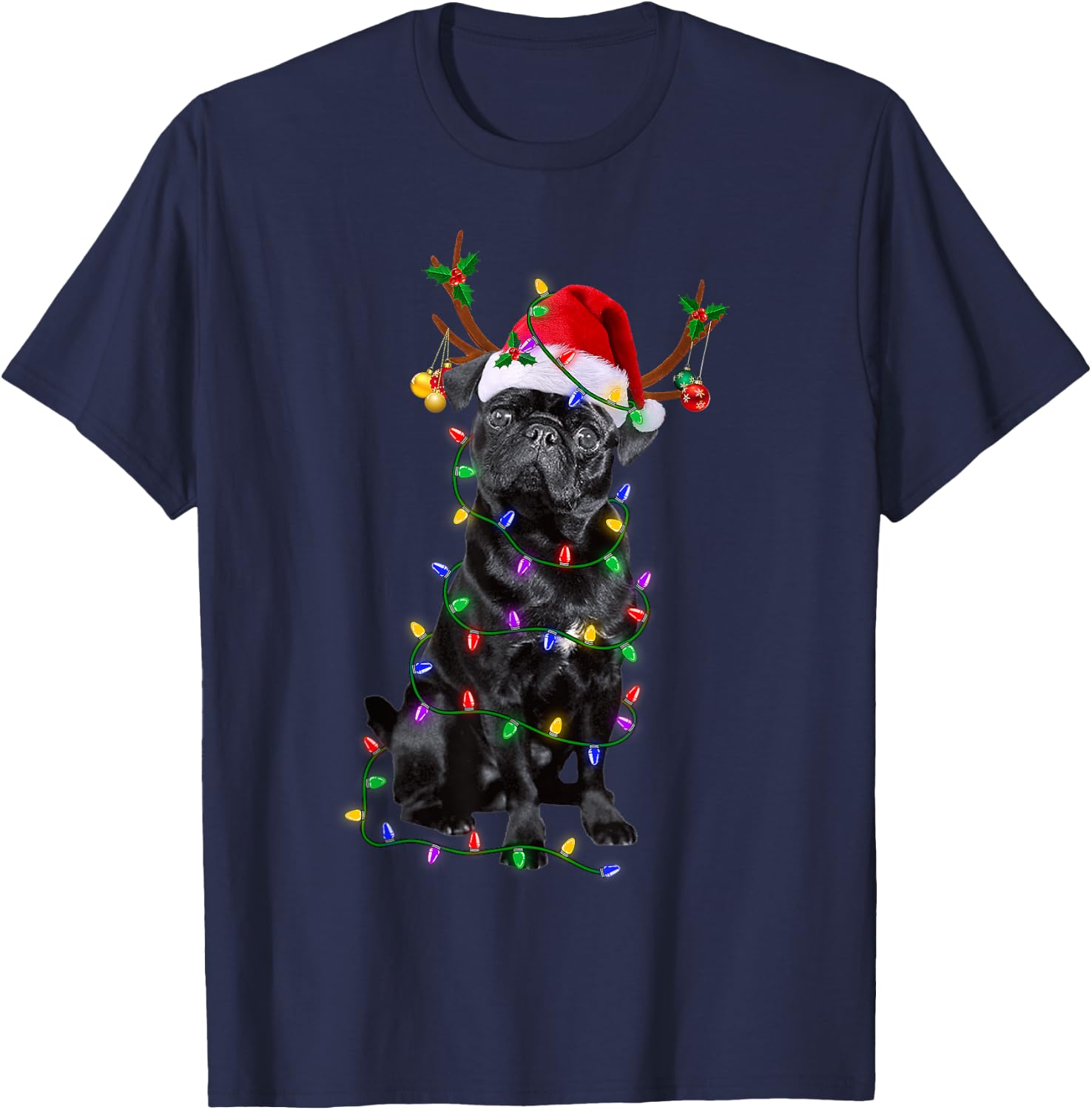Funny Black Pug Dog Tree Christmas Lights Xmas T-Shirt - T-Shirt | Navy