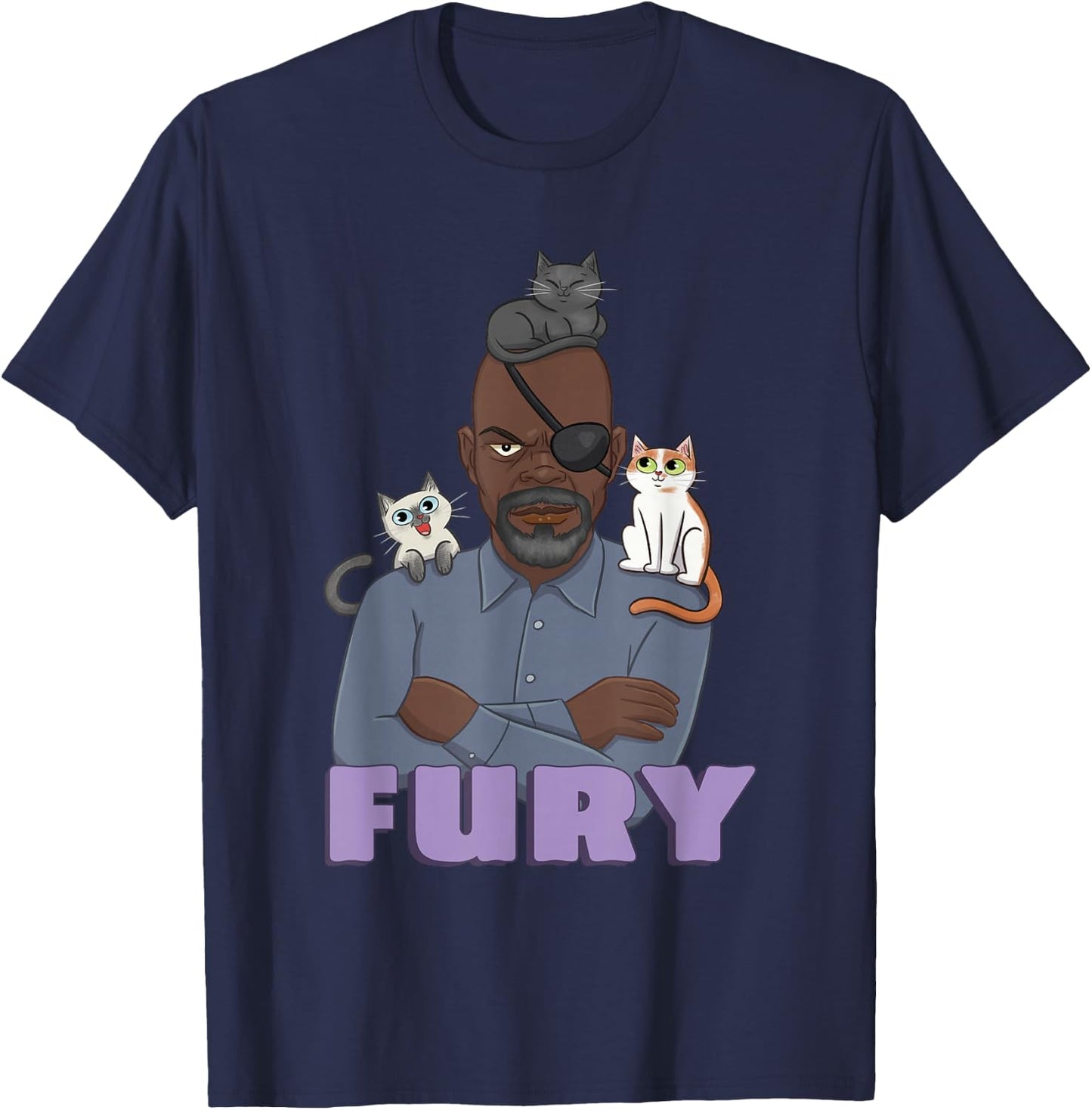 Marvel The Marvels Nick Fury & Flerken Chibi Super Heroes T-Shirt - T-Shirt | Navy