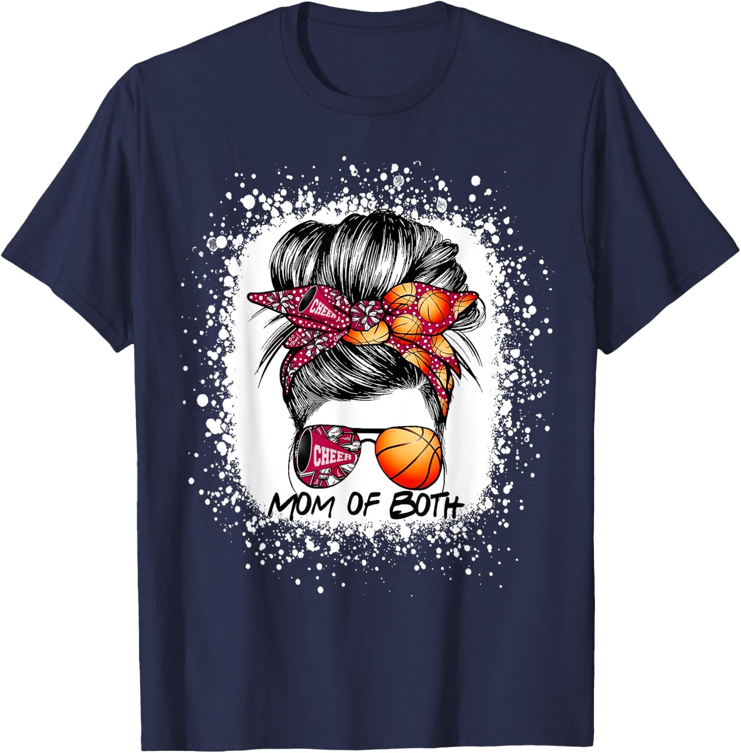 Mom Of Both Cheer Mom Basketball Mom Messy Bun Mother's Day T-Shirt - T-Shirt | Navy