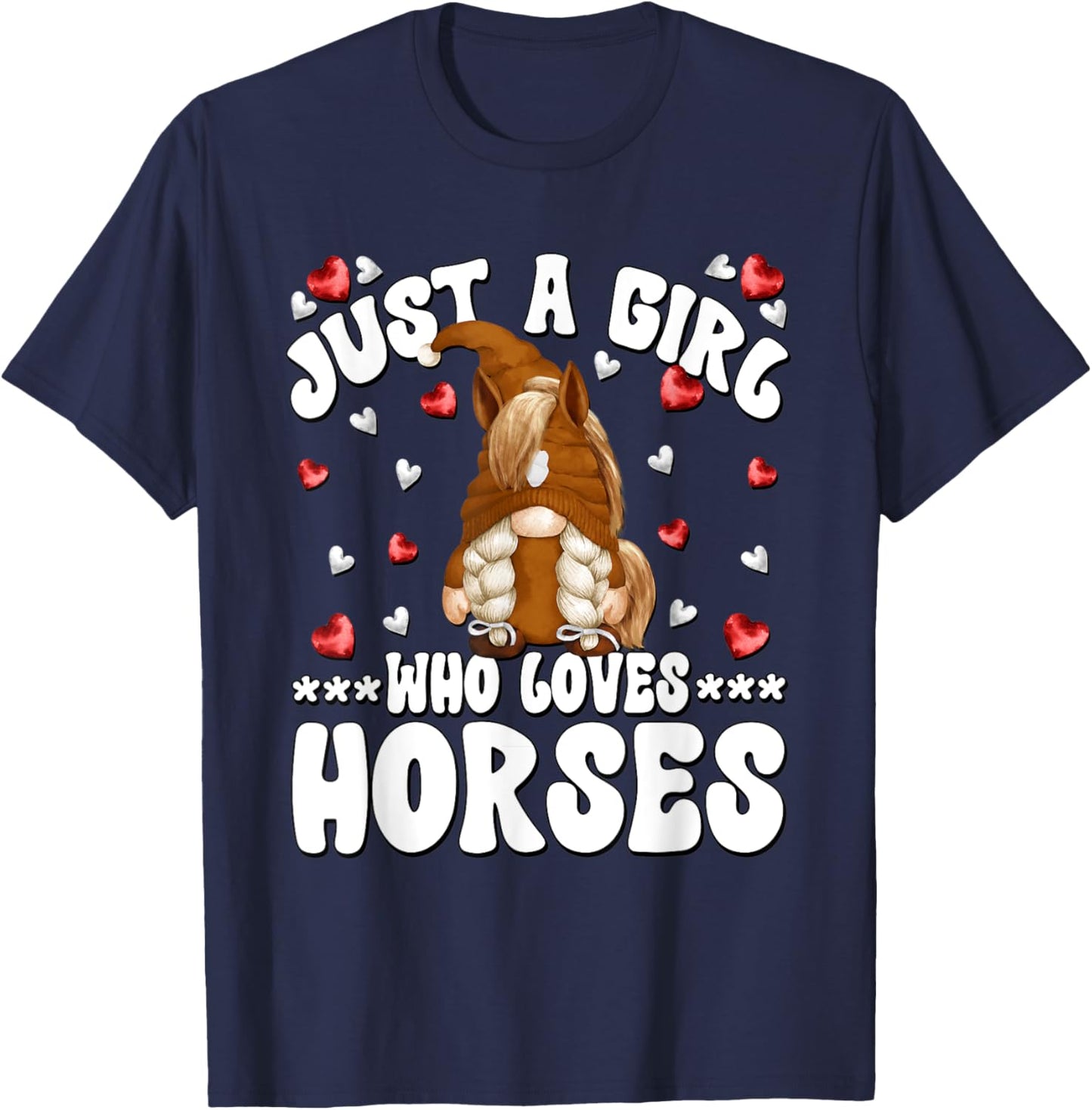 Cute Horse Riding Gnome Graphic Just A Girl Who Loves Horses T-Shirt - T-Shirt | Navy