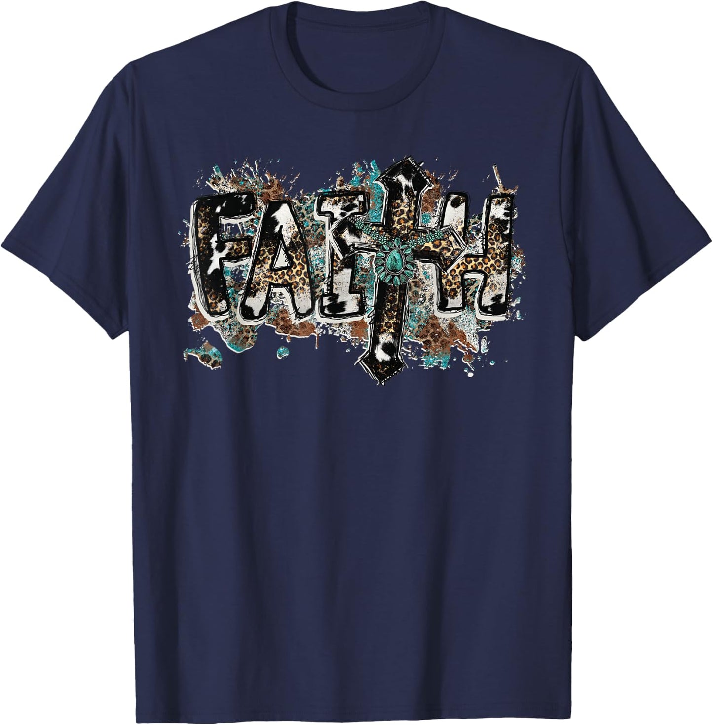 Grunge Faith T Christian Turquoise Leopard Faith Cross Jesus T-Shirt - T-Shirt | Navy