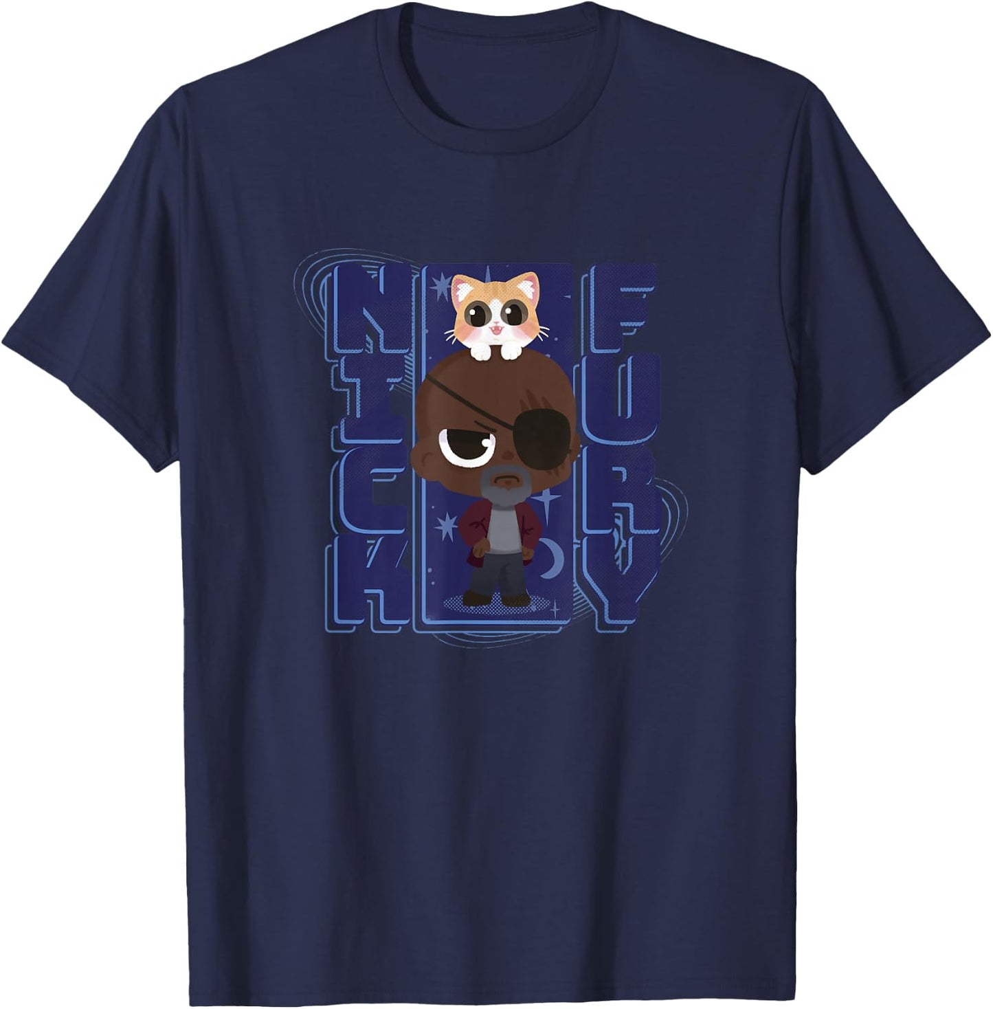 Marvel The Marvels Nick Fury Flerken Chibi Space Portrait T-Shirt - T-Shirt | Navy