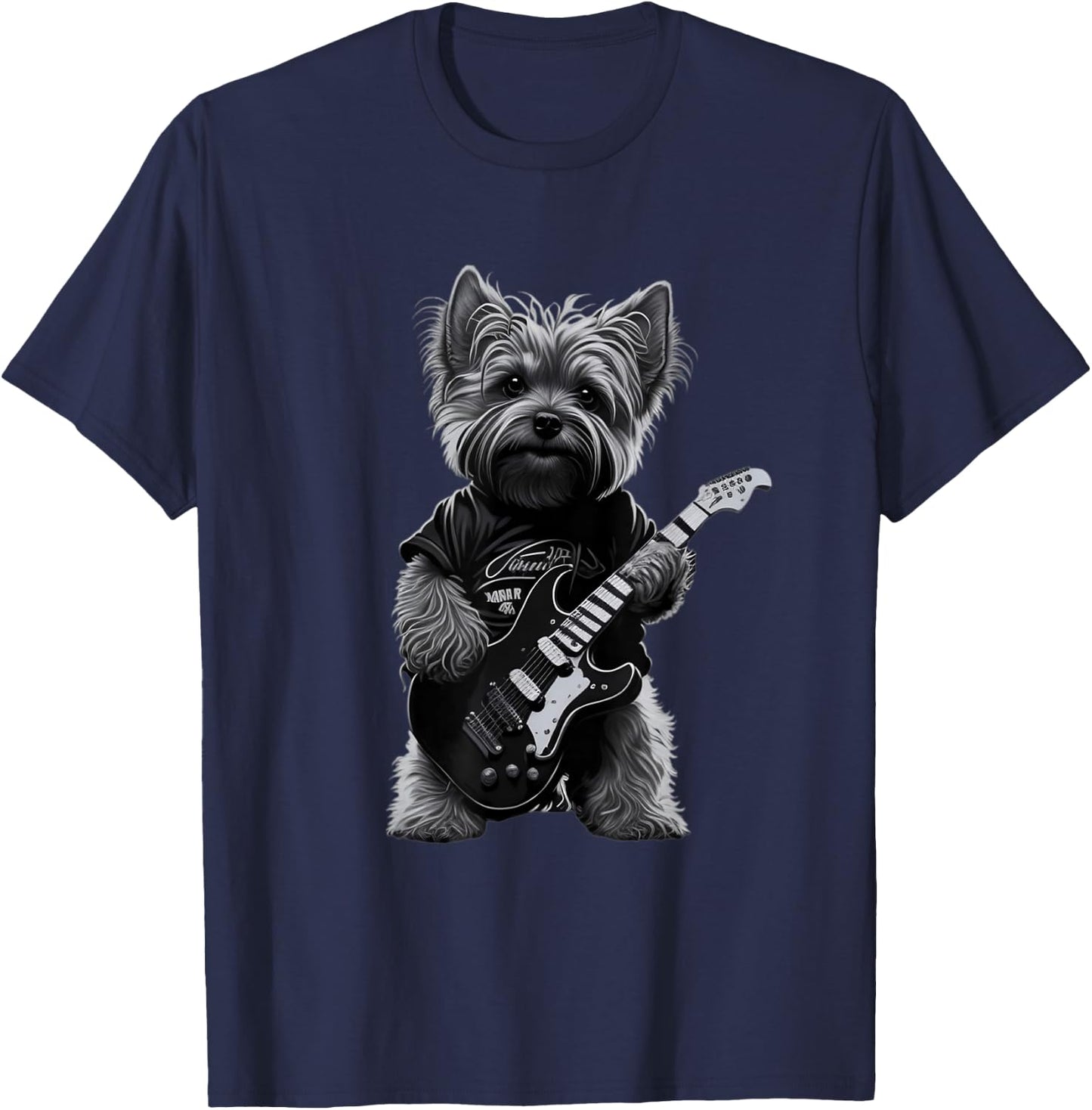 Funny Rock Dog Guitarist Rock Yorkie Playing Guitar T-Shirt - T-Shirt | Navy