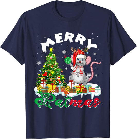 Merry Xmas Santa Reindeer Rat Sitting With Xmas Presents T-Shirt - T-Shirt | Navy