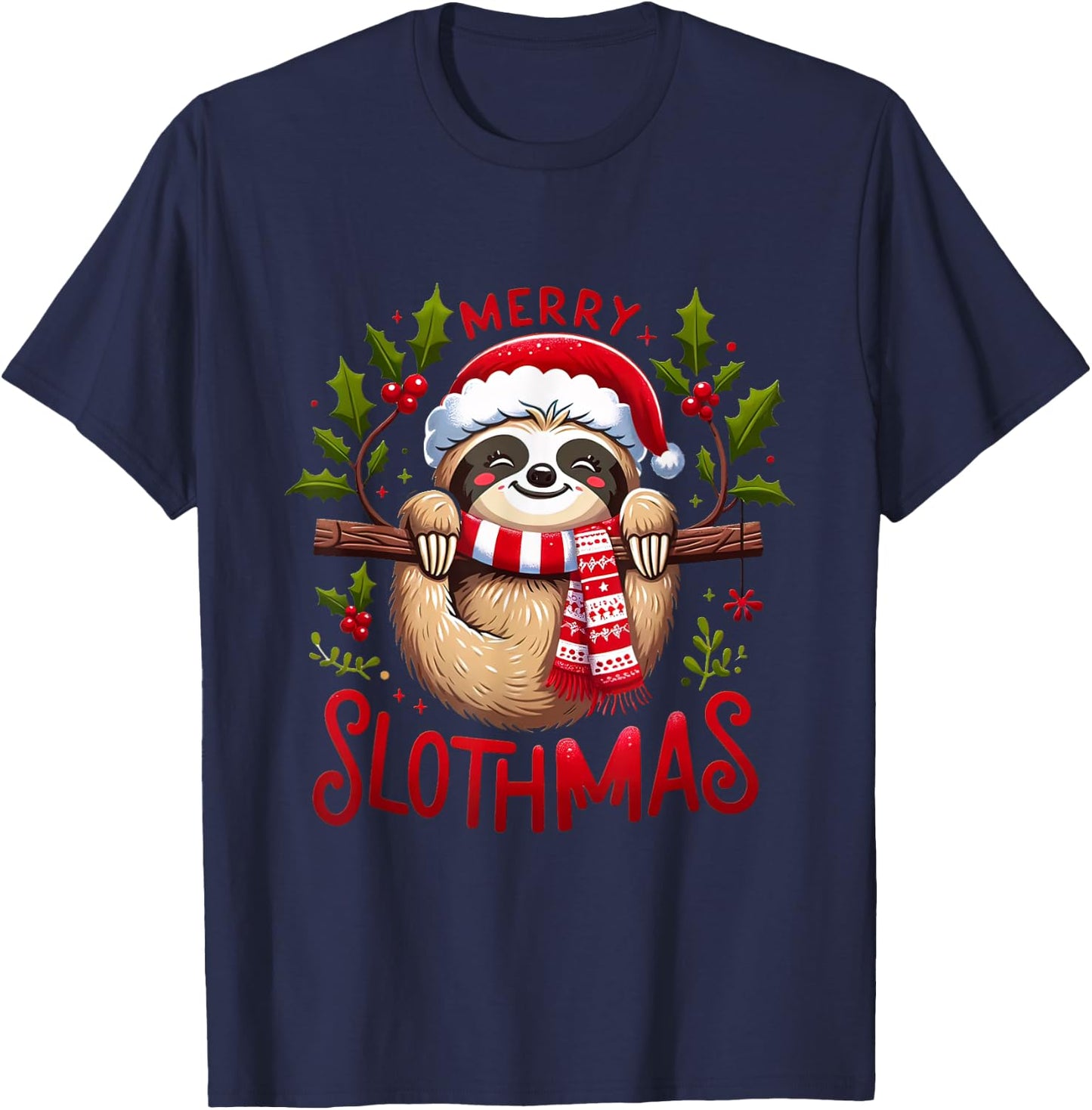 Merry Slothmas Cute Sloth Christmas Pajamas Women Girl Kids T-Shirt - T-Shirt | Navy