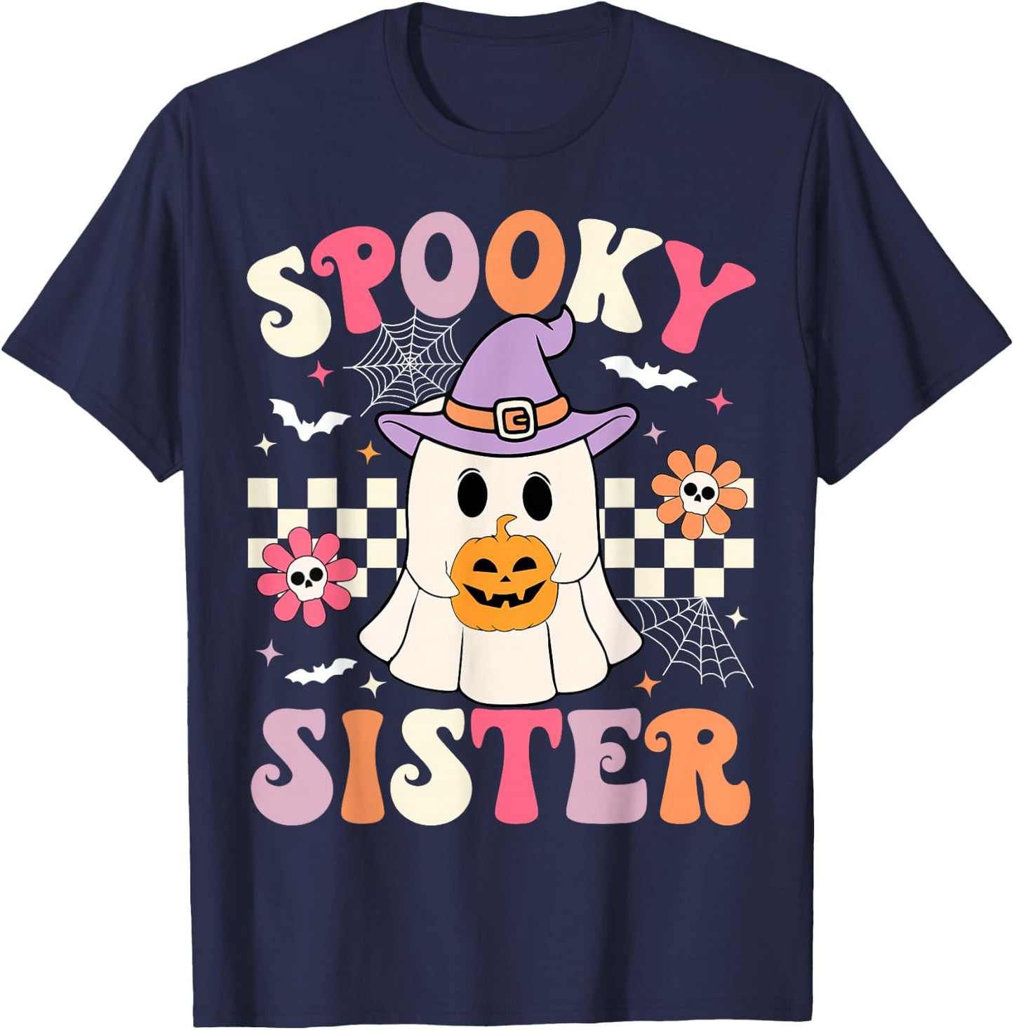 Groovy Spooky Sister Retro Ghost Holding Pumpkin Halloween T-Shirt - T-Shirt | Navy