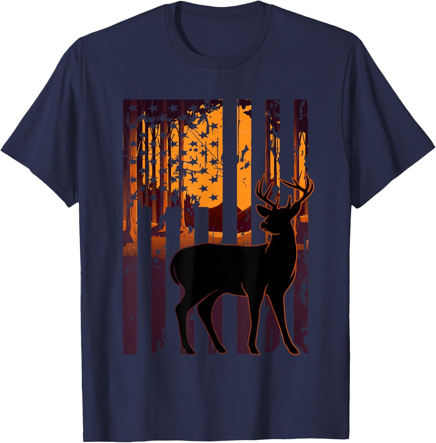 USA Flag Deer Hunting Setting Sun Funny Bow Hunters Outfit T-Shirt - T-Shirt | Navy