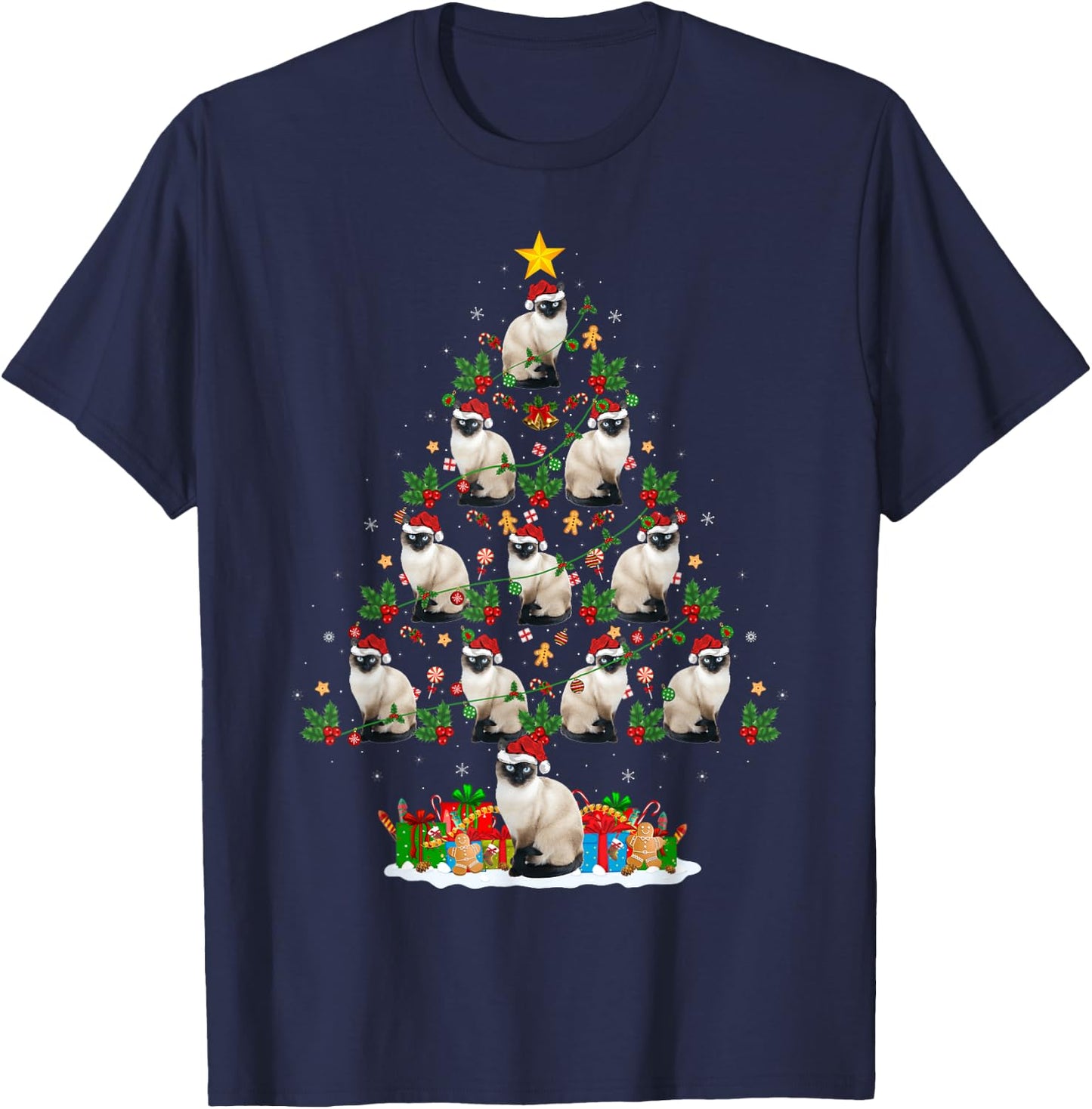 Lighting Xmas Holiday Santa Balinese Cat Christmas Tree Women Kids T-Shirt - T-Shirt | Navy
