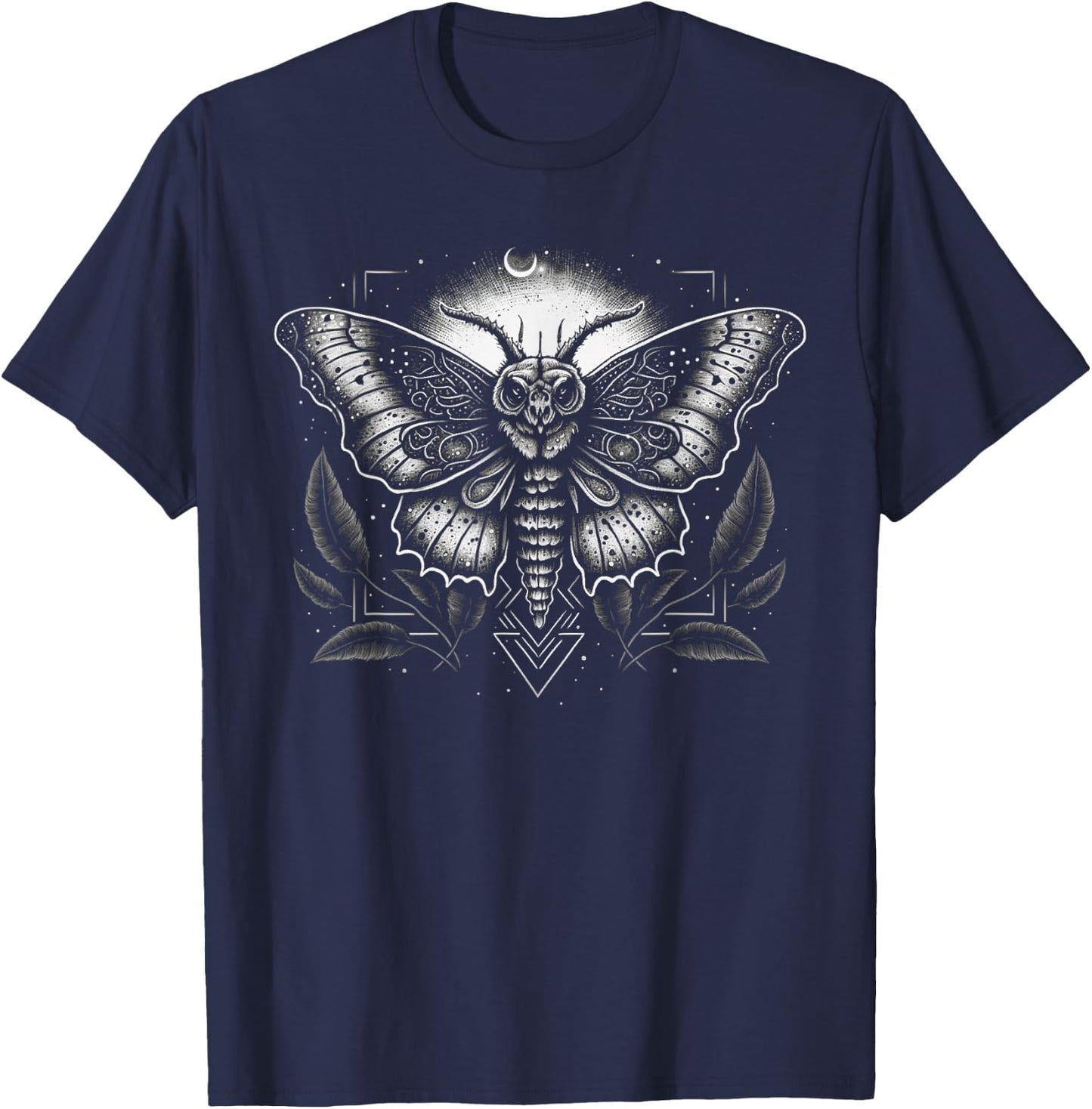 Moth Moon Geometry Heterocera Folkloric Wiccan Nature Goth T-Shirt - T-Shirt | Navy