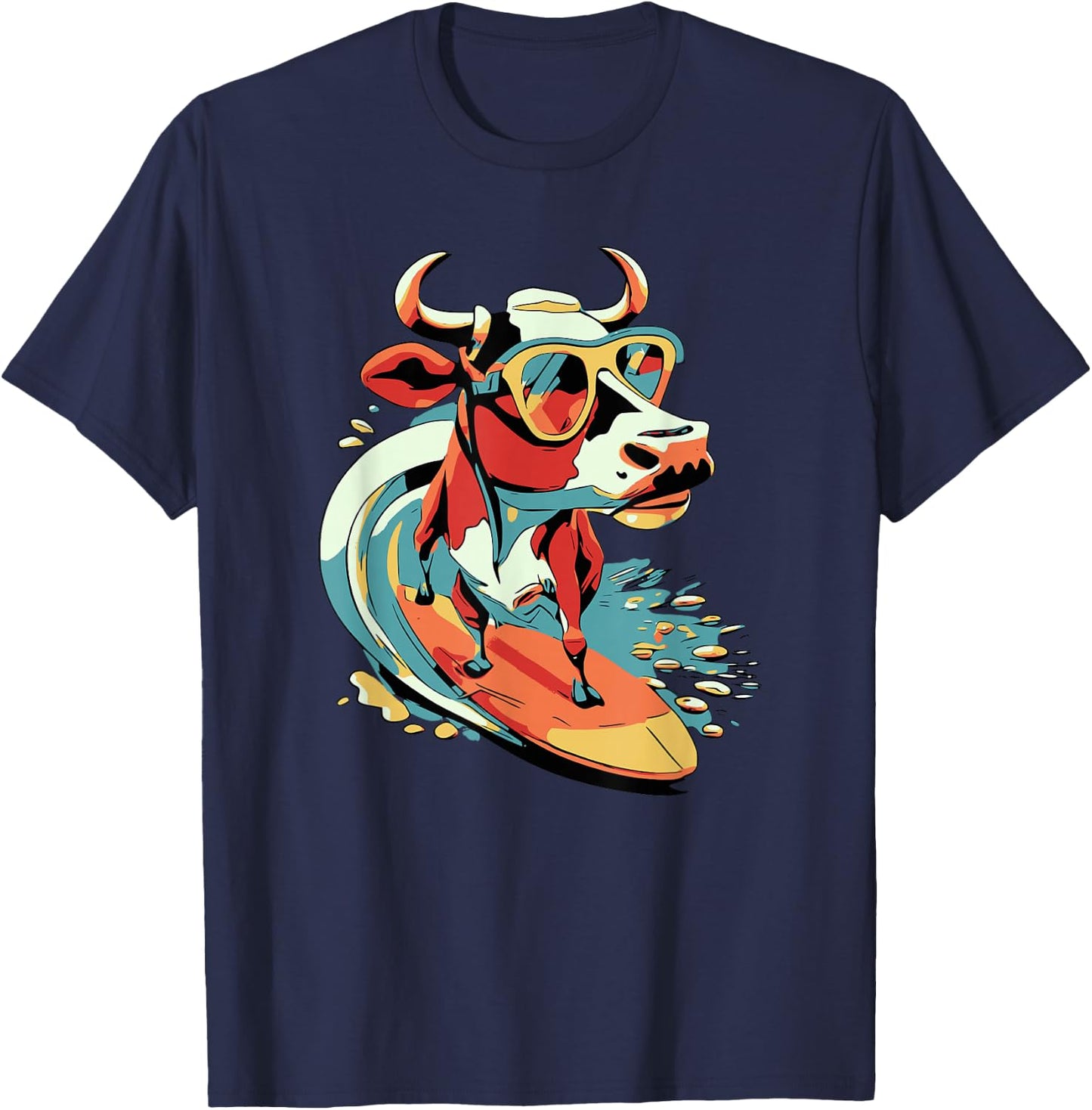 Surfing Cow Catching a Wave Farmer Surfer Surf Time T-Shirt - T-Shirt | Navy