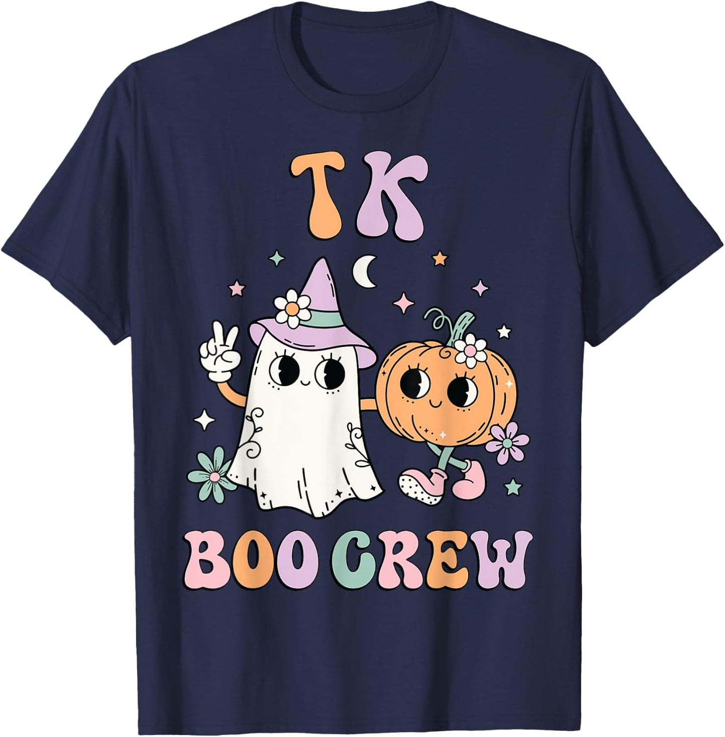 TK Boo Crew Retro Groovy Halloween Floral Ghost TK Teacher Men Women Kids T-Shirt - T-Shirt | Navy