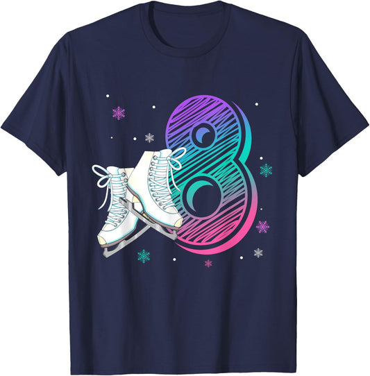 Figure Ice Skating 8 Years Old 8th Birthday Girl Theme Party T-Shirt - T-Shirt | Navy