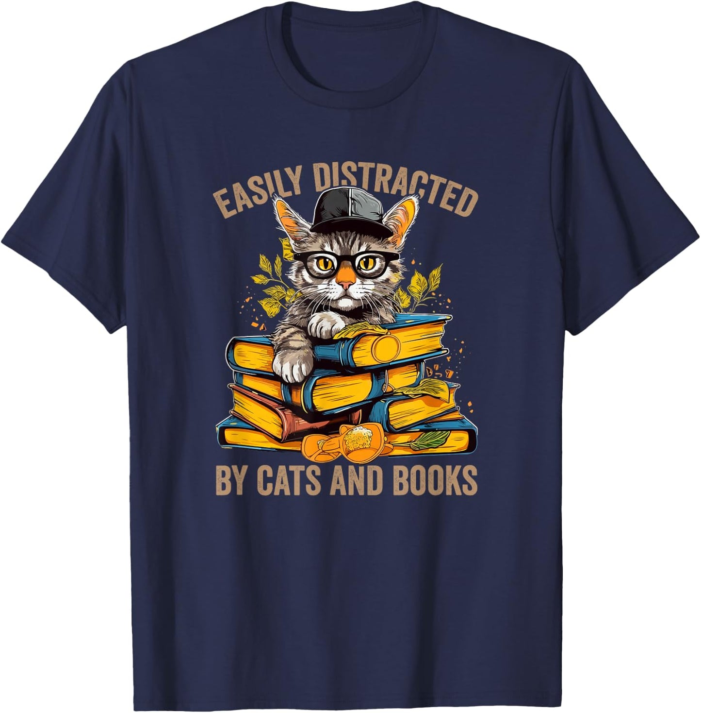Easily Distracted by Cats and Books Book Reading Lovers T-Shirt - T-Shirt | Navy